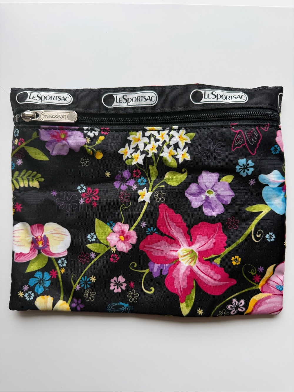 Vintage LeSportsac Floral Cosmetic Pouch Makeup Bag Black Multicolor